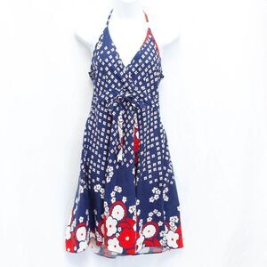 Womens Red Blue Cherry Blossom Graphic Smocked Bay Doll Alter Slip Sun Dress XS